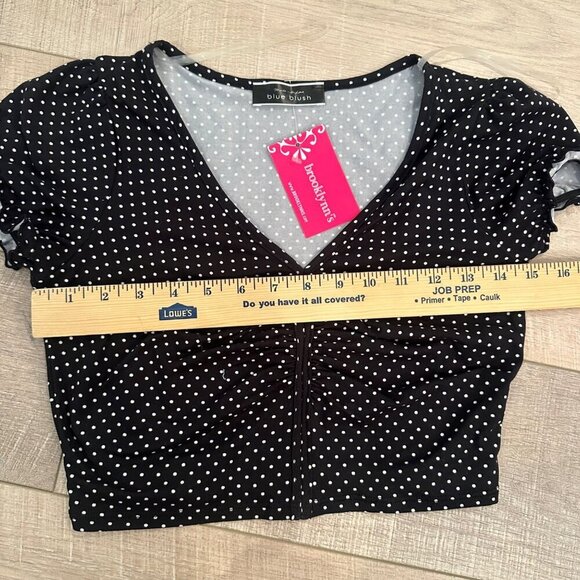 Polka Dot Crop Top With Ruched Front & Puff Sleeves - Black & White Small - Picture 3 of 5